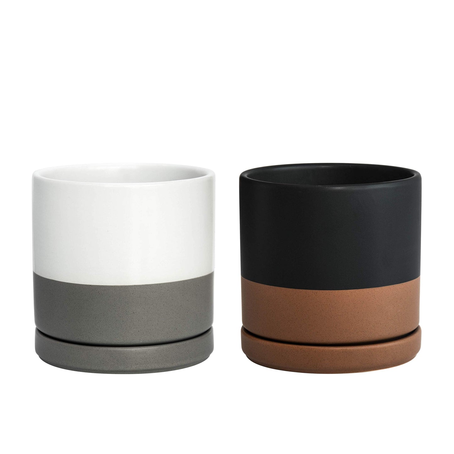 D'vine Dev Set of 2 Plants Pots, 6 Inch Ceramic Planter Pot for Plants with Drainage Hole and Saucer, White-Grey/Black-Tan, 94-V-C-C