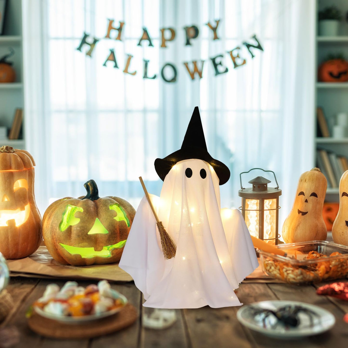 Leinuosen Light Up Disco Ghosts Halloween Decorations Indoor Spooky Ghosts with String Lights Witch Hats Broom Halloween Table Decor for Home Party Table Mantel Room Kitchen Haunted House (Fabric)