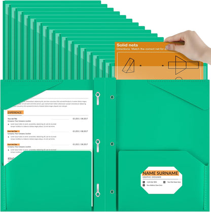Henoyso 72 Pcs Plastic Folder with Clear Front Pocket and 3 Prong Plastic Folders with Card Slot Pocket Folders with Prongs for School Office (Green)