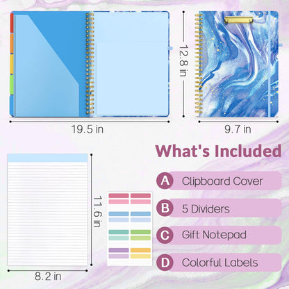 Sooez Clipboard Folio with Refillable Notepad, Folder with 10 Storage Pockets for Letter Size, Spiral Clipboard Notebook, Cute Portfolio for School, Office & Nursing