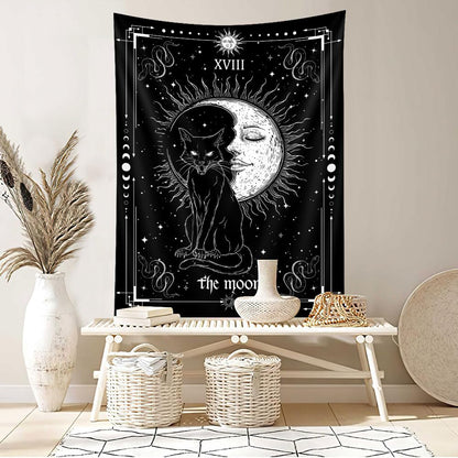 Gothic Black Cat Vertical Tapestry, Witchy Black and White Tarot Card Wing Bat Cat Cool Tapestries for Men, Moon Phases Aesthetic Anime Witchcraft Satanic Art Tapestry Wall Hanging for Bedroom Living Room Poster, 40X60Inch