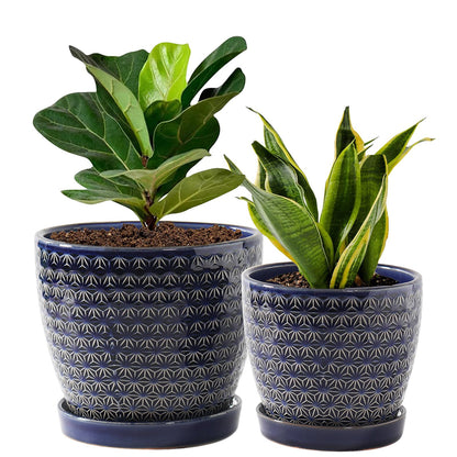 Plant Pots, Planters for Indoor Plants, Ceramic Plant Pots, 6.5+5.5 inch Plant Pot with Drainage and Saucer, Pots for Plants with Hole Mesh Pad, Set of 2, Reactive Glaze Blue