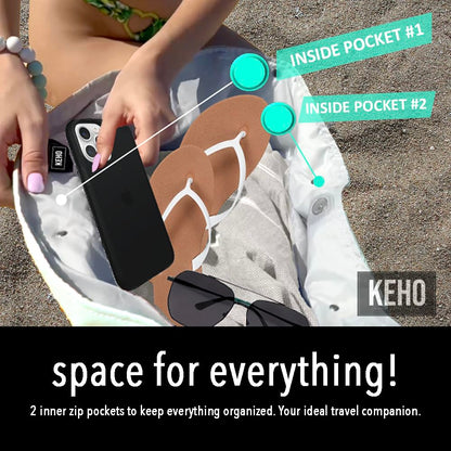 Keho Women's Fashion Trendy Beach Bag – Vegan Leather Handles, Pockets, & Waterproof/Sandproof Design - (Green)