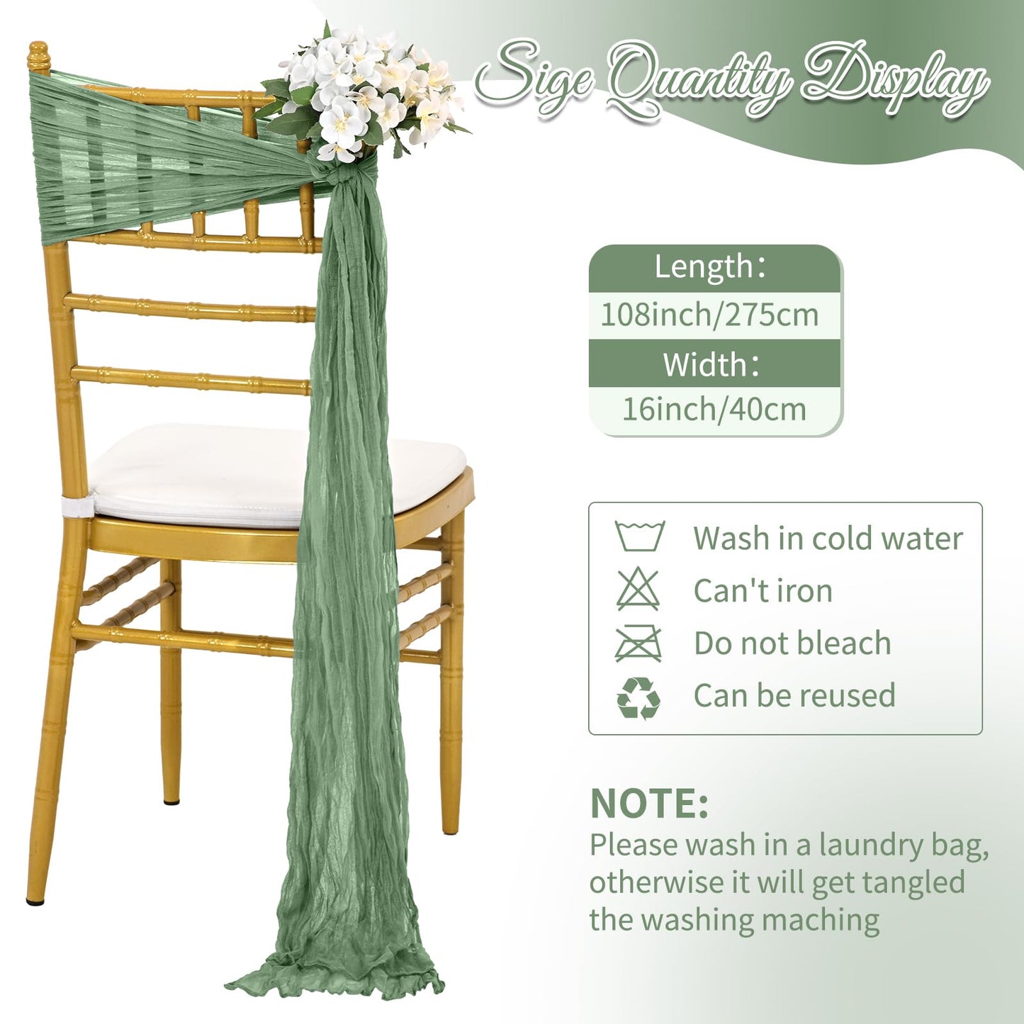 Pesonlook 30 PCS Sage Green Cheesecloth Chair Sashes 16 x 108 inch Cheesecloth Chair Sashes Rustic Chair Decorative Bows Designed Chair Cover for Wedding Banquet Party Aisle Home Kitchen Decoration