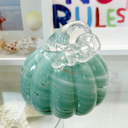 ORRFIDDY 5.1" Hand-Blown Glass Pumpkin Halloween Decor Fall Home Figurines Collectible Harvest Thanksgiving Wedding & Autumn Mantel Decorations Paperweight Tabletop Ornaments(Green)