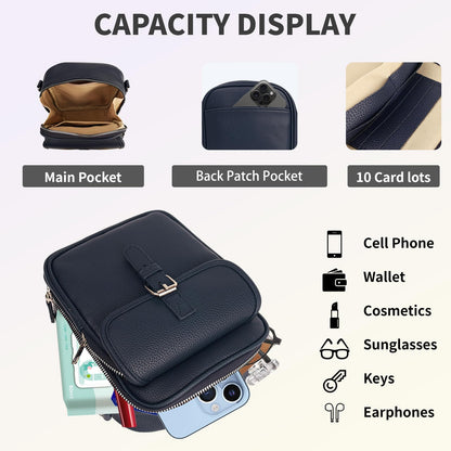 Crossbody Leather Bag,Double Layer Large Capacity Messenger Bagfor Women,Retro Faux Leather Built in Anti Theft Bag(Navy)