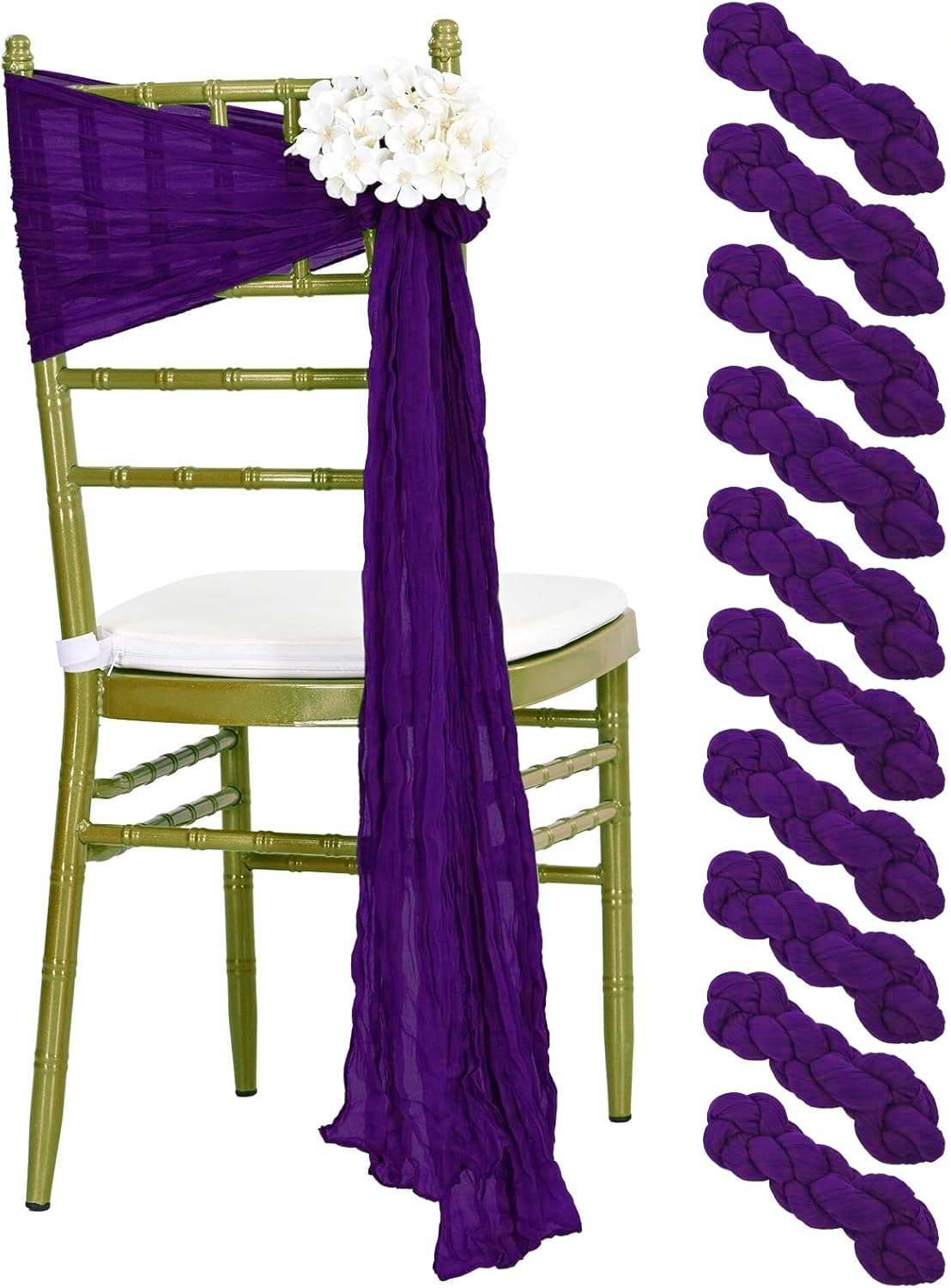 MDS® Pack of 10 PCS Cheesecloth Chair Sashes 17”x70” Gauze Rustic Aisle Decorations Designed Chair Bows for Wedding Birthday Baby Shower Reception Party Banquet Hotel Event Decoration - Purple
