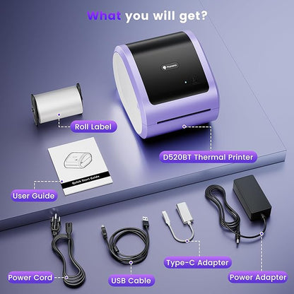 Phomemo D520BT Bluetooth Thermal Label Printer, 4X6 Wireless Shipping Label Printer Build-in Holder, Thermal Label Maker for Shipping Package, Compatible with Amazon, USPS, Shopify, Ebay, Purple