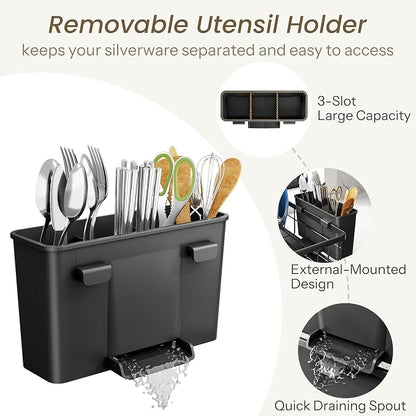 SNTD Dish Drying Rack - Space-Saving Dish Rack for Kitchen Counter, Stainless Steel Dish Drainer with Utensil Holder and Drainboard, 11" W x 15" L (Black)
