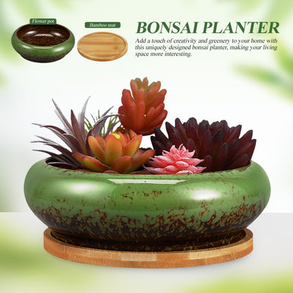 NOLITOY 7 Inch Ceramic Succulent Planter Bowl with Drainage Hole and Tray, Green Round Shallow Flower Pot for Indoor Cactus Arrangements and Office Desk Decor