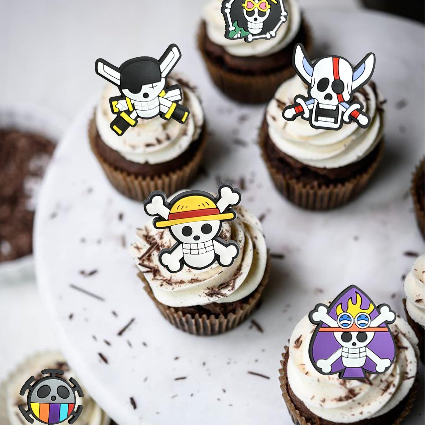 Mosytiay 24 PCS Anime Skull Cupcake Rings Toppers Pirate Themed Cupcake Toppers 6 Style Skeleton Cake Decorations for Skull Theme Baby Shower Birthday Halloween Pirate Party Cake Decorations Supplies