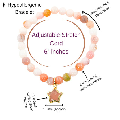 Multi-Stone Pink Opal Bracelet Party Favor for Girls, Toddler Bracelet with Certified 925 Sterling Silver 18K Gold Vermeil Pink Opal Crystal Star Charm