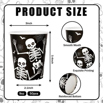 JarThenaAMCS 50Pcs Halloween Disposable Paper Cups 9oz Skeleton Party Cups for Coffee Juice Hot Cold Drinks Trick or Treat Party Supplies