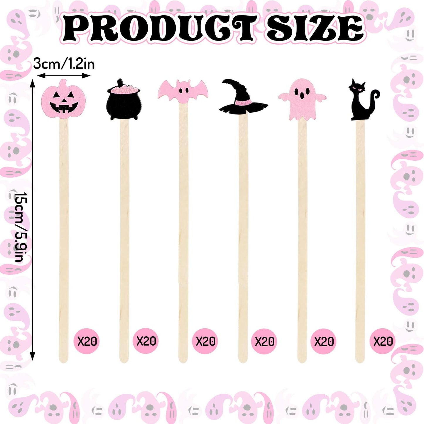 JarThenaAMCS 120Pcs Halloween Coffee Stirrers Disposable Pink Black Ghost Bat Cat Pumpkin Stir Sticks Wooden Drink Stirrer for Hot Chocolate Milkshake Restaurant Home Office