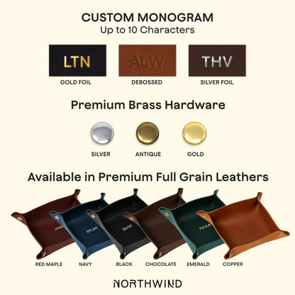 Northwind Personalized Leather Valet Tray – Made in USA - Custom Monogramed Full Grain Leather Catchall Tray for Men, Desk Organizer & Groomsmen Gift, Perfect Storage for Nightstand, Dresser