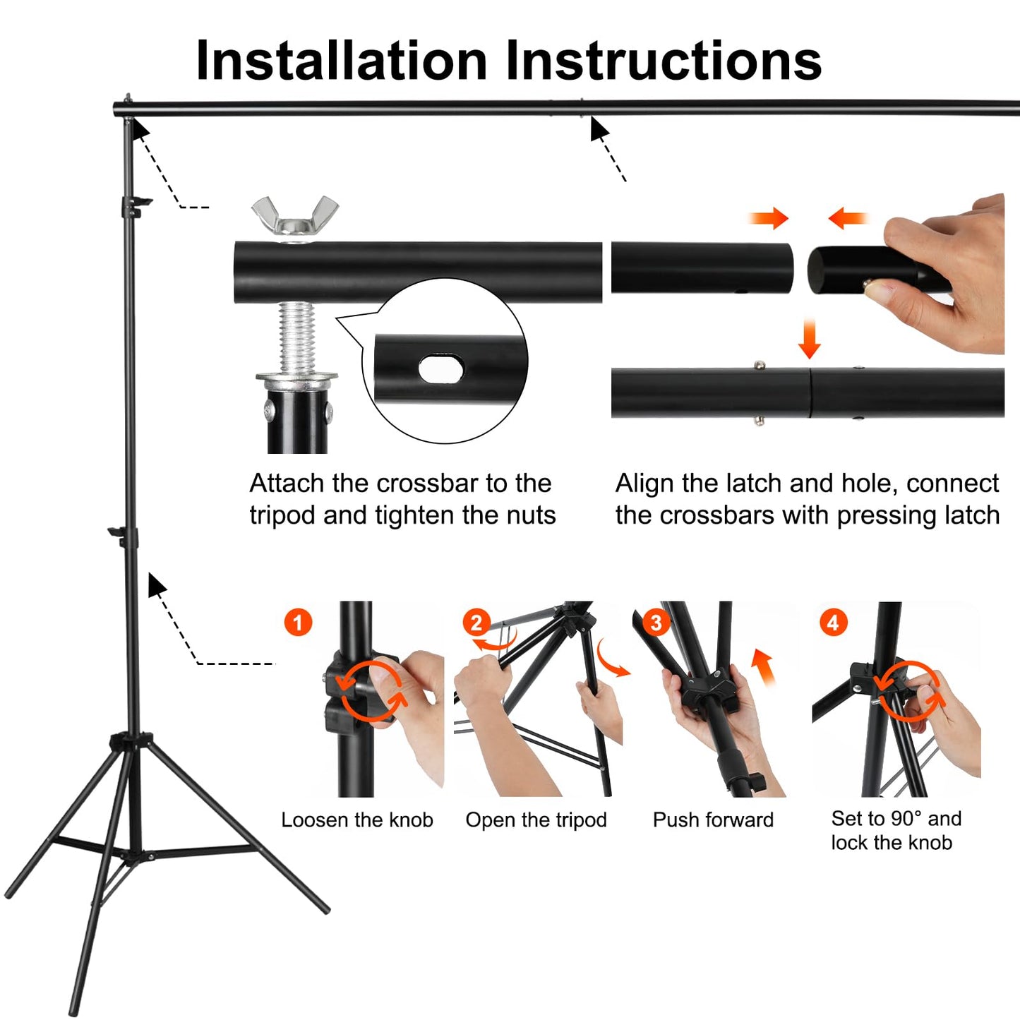 10x7ft Adjustable Photography Backdrop Stand Kit – Photo Studio Background Support with 4 Crossbars, 4 Clamps, 2 Sandbags (with 10 * 7 Feet Black Backdrop Curtain)