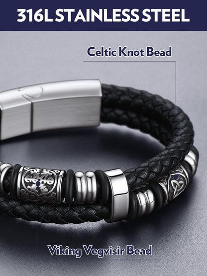Bandmax Men's Norse Bracelet 8 inch Viking Celtic Knot Beads Bracelets Black Leather Braided Rope Wristband for Men Son Husband Grandson Gift For Father's Day Birthday Christmas Graduation