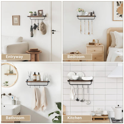 Mkono Mug Holder Wall Mounted Coffee Mug Rack Set of 2 Rustic Floating Shelf for Coffee Bar Accessories Wood Tea Cup Hooks Hanger for Organizing Cooking Utensils, Home Kitchen Decor, Brown