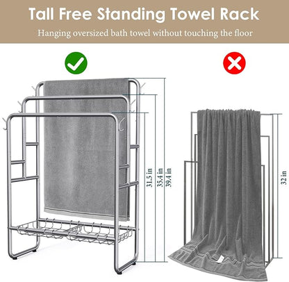 Kayfia 40" H Towel Rack Freestanding, 3-Tier Bath Towel Holder Stand with Storage Baskets & Hooks, Blanket Drying and Display Rack for Oversized Bath Towels, Metal Towel Rack Stand Indoor Outdoor
