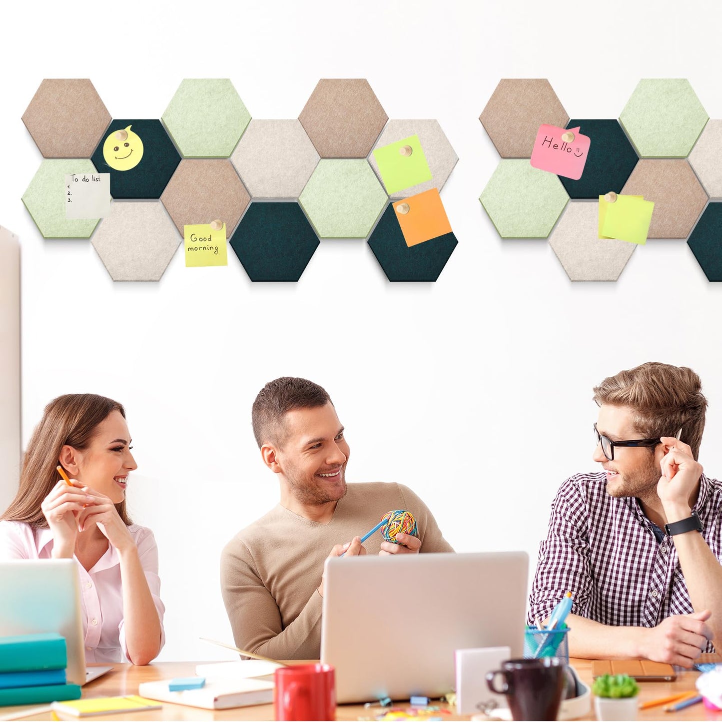 Mindsoft 32 Pcs 6'' x 7'' Hexagon Felt Cork Board Tiles with 50 Wooden Push Pins, Felt DIY Bulletin Board with 4 Tape for Office School Home Wall Decor Stickers Memos Photos Display