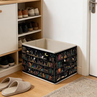 LRWHDFW Dark Gothic Book Storage Bins, Dark Academia Witchy Bookshelf Tuxedo Cat Foldable Closet Organizers Storage Basket Toybox for Reading Room Library Bedroom Bathroom Home Clothes Toys Books