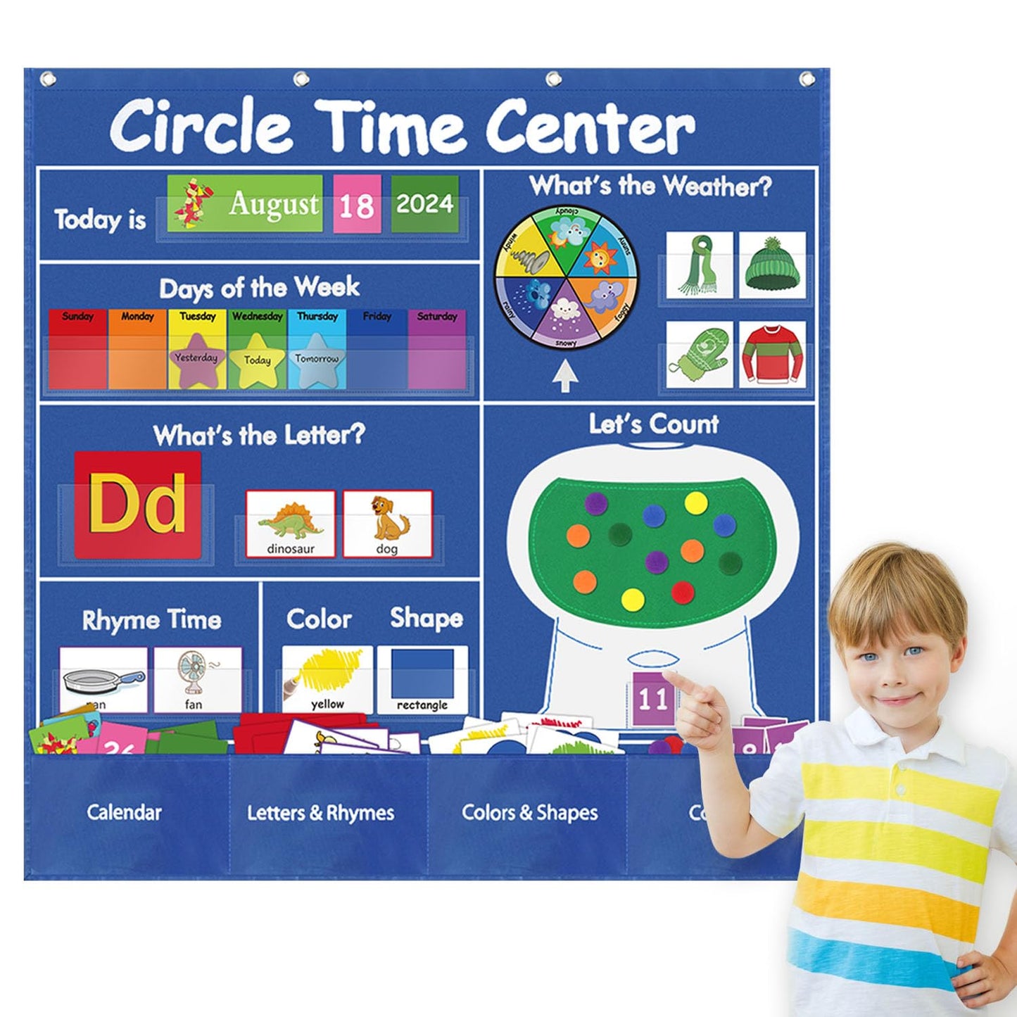 Boczif Circle Time Learning Center Pocket Chart for Classroom, Educational Teaching Materials Learning Calendar Weather Number Counting Letter Color Shape Wording Rhyme Pictures (Blue)