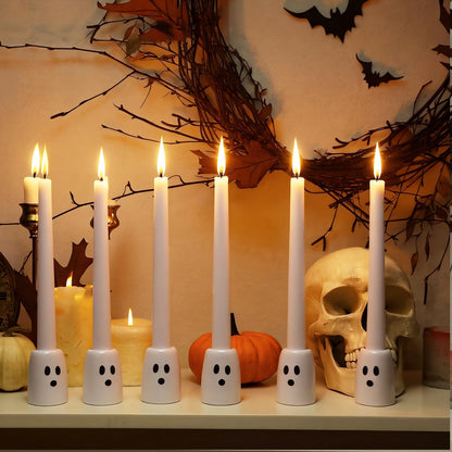 GlikCeil 6 Pcs Halloween Ghost Candlestick Holders, Depth of 2.3 in, Ceramic, Halloween Taper Candleholder Cute Ghost Candle Stick Holders for Wedding Party Office Home Table Centerpiece Decorative