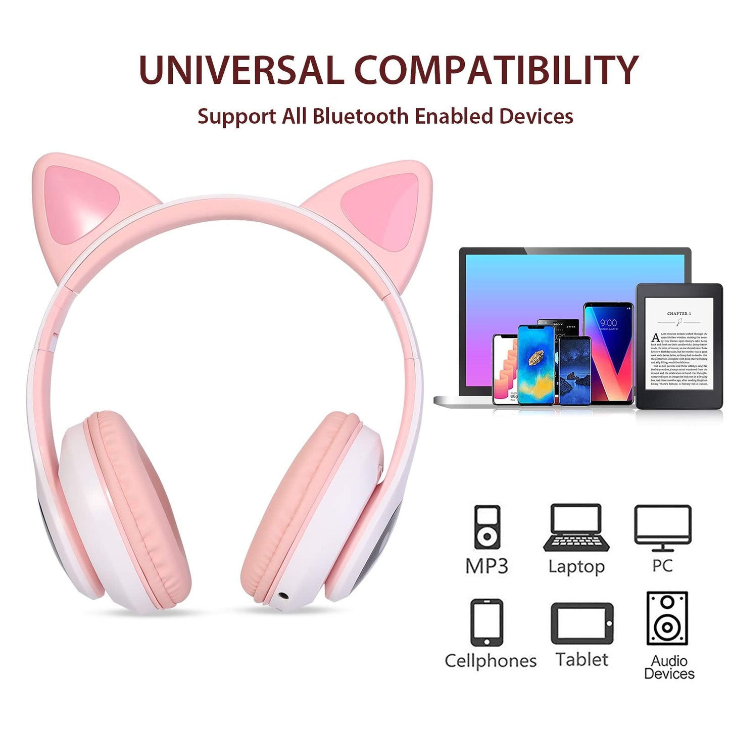TCJJ Bluetooth 6.0 Cat Ear Kids Headphones for Girls, LED Light Up, 85dB Safe Volume Limit, Stereo Sound Toddler Foldable Wireless & 3.5mm Wired Headset with Mic for School, Tablet, Travel