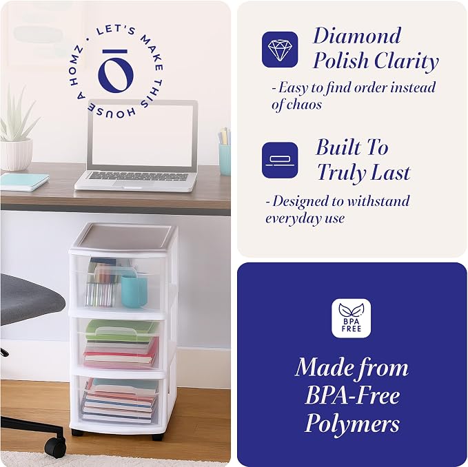 HOMZ 2-Pack Drawer Tower, 3-Tier Clear Plastic Storage Organizer Cart, White Frame - Organizing Containers with Wheels for Home, Bathroom, Bedroom, Office, and Classroom