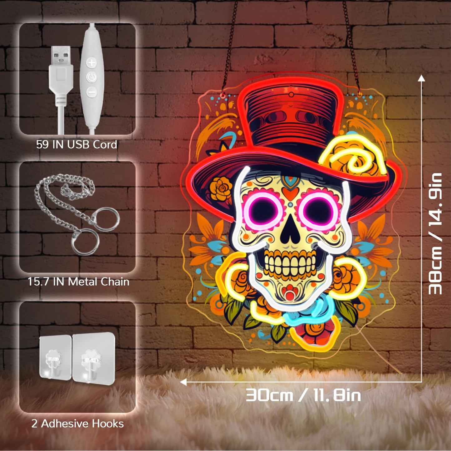 Sneignon Day of the Dead Neon Sign - Mexican Sugar Skull LED Neon Light for Home & Bar Decor,UV Printed Art with Flexible LED Strip,Halloween & Día de Muertos Party Decoration (Red）