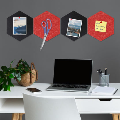 8 Packs Black Red Hexagon Felt Pin Board, 12" Bulletin Board with 30 Push Pins, Felt Board for Home Kitchen Office Decor, Self-Adhesive Corkboard Tiles for Walls Message Photos Memos Display