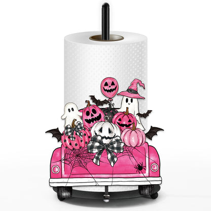 Whaline Pink Halloween Paper Towel Holder Pumpkin Ghost Truck Metal Towel Stand Trick or Treat Decoration Accessory for Holiday Party Home Kitchen Countertop