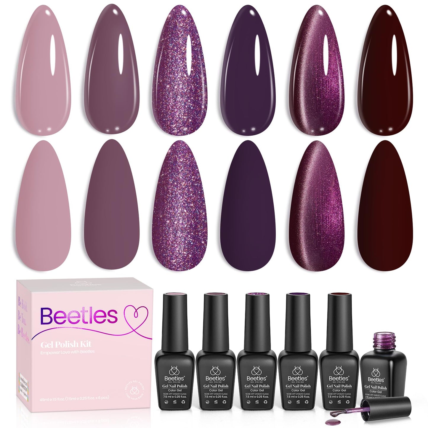 Beetles Cat Eye Gel Nail Polish Set, 6 Summer Colors Pastel Shimmer Glitter Gel Polish Kit Soak Off LED UV Curing Requires Pink Red Blue Orange Green Purple Velvet Gel with Magnet Gift for Women