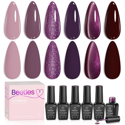 Beetles Cat Eye Gel Nail Polish Set, 6 Summer Colors Pastel Shimmer Glitter Gel Polish Kit Soak Off LED UV Curing Requires Pink Red Blue Orange Green Purple Velvet Gel with Magnet Gift for Women