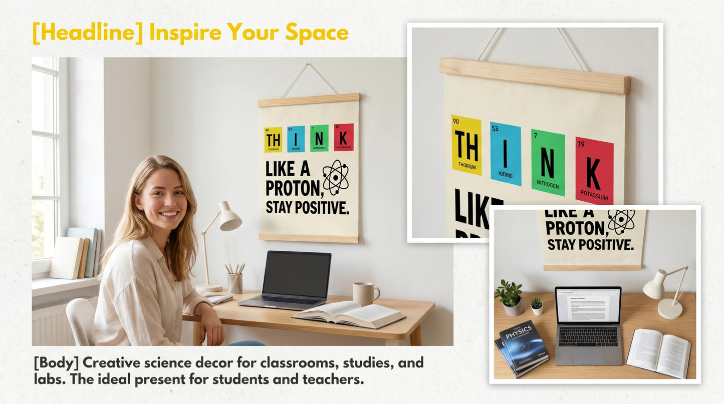 CVDGUFY Classroom Decorations, Funny Science Canvas Wall Art With Wooden Hanging Scroll, Think Like A Proton Poster, 30 x 40 cm, For Teachers, Students, Office, Dorm