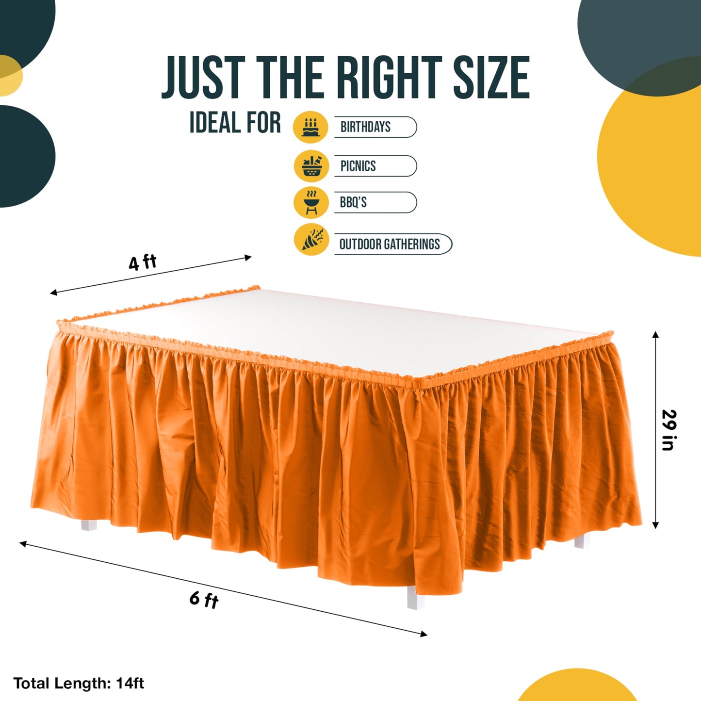 Exquisite Orange Table Skirt 6 Pack - Disposable Plastic Table Skirts for Rectangle Tables 6ft 8ft & Round Tables - 29in x 14ft Self-Adhesive Strip - Birthday Wedding Gender Reveal Decor