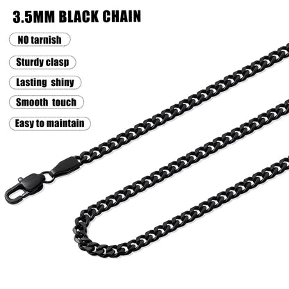 Fiusem 3.5mm Black Chain for Men, Black Cuban Link Chain Necklace for Men and Women, Stainless Steel Cuban Necklace 20 Inch