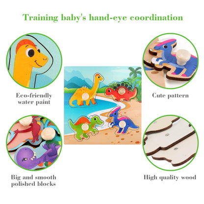 Wooden Peg Puzzles for Toddlers 1-3, Kids Educational Preschool Peg Puzzle Toy Ages 2-4, Set of 4 Dinosaur Toddler Puzzles, Ideal Gift for Ages 1 2 3 4 Boys and Girls