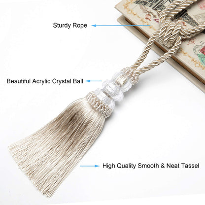 Fenghuangwu Tassel Curtain Tiebacks Handmade Curtain Tie Backs, Elegant Crystal Curtain Holdbacks for Home Office Decor (Beige, 2P)