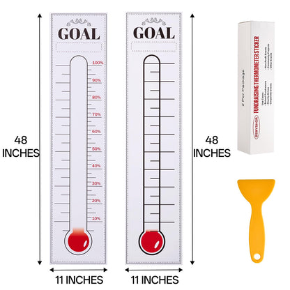 Goal Setting Fundraising Thermometer - 2 Pcs 48" x 11" Dry Erase Self-Adhesive Goal Tracker: Ideal for Charities, Non-Profit, Community & Office Fundraisers, Events & Projects