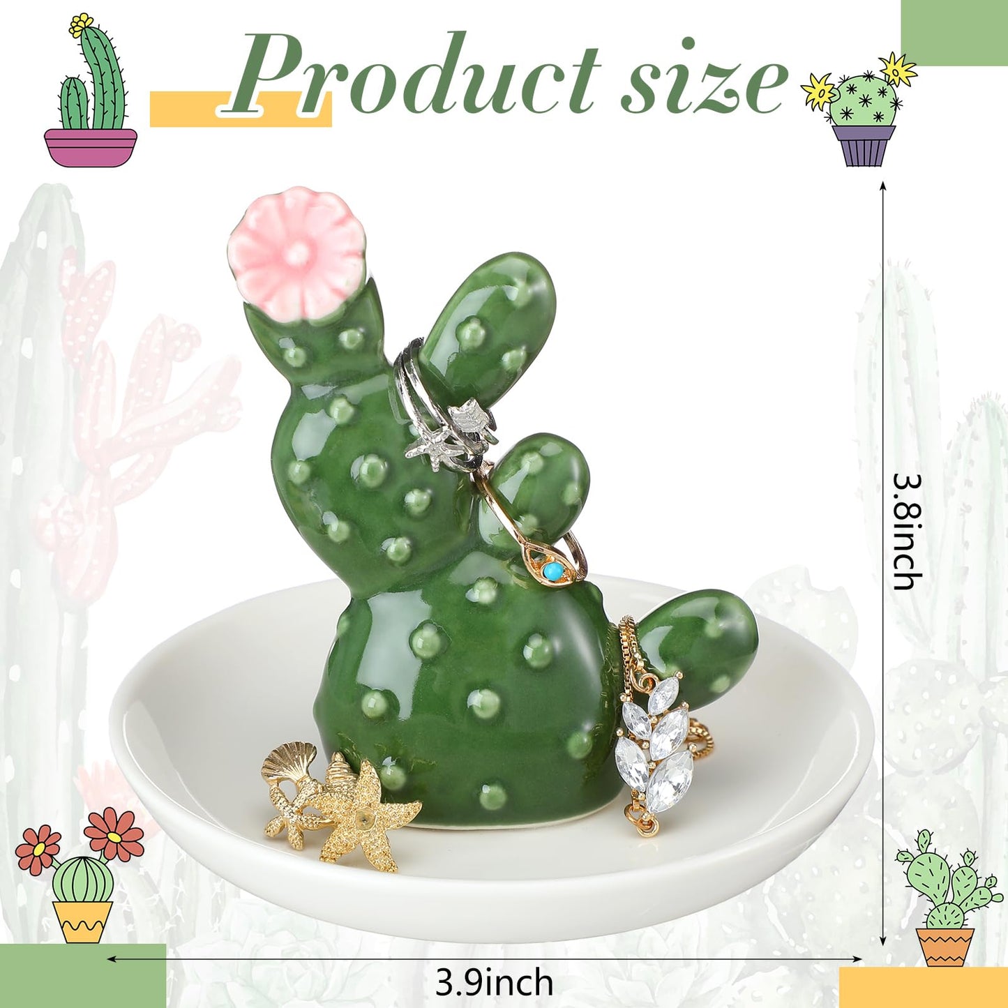 Teenyyou Cactus Ring Holder Ceramic Dish for Women Jewelry Tray Ring Dish Cute Tropical Decor Trinket Rack Western Jewelry Holder for Rings Earrings Necklace Organizer Birthday Mothers Gift