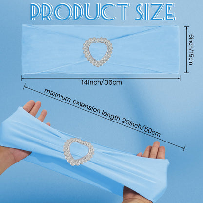 Zrlljp 100 Pack Spandex Stretch Blue Chair Sashes Bows Universal Elastic Light Blue Chair Cover Bands Ties with Buckle Slider for Wedding Party Banquet Ceremony Reception Event Decorations