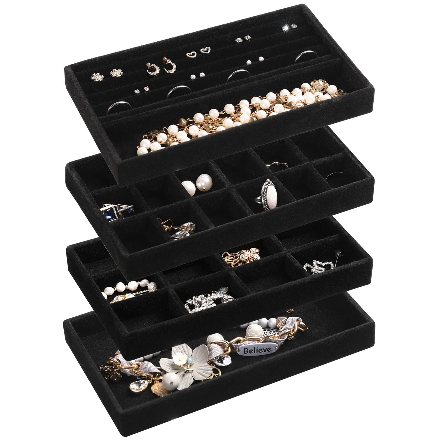 Frebeauty Jewelry Organizer Tray,Stackable Velvet Jewelry Trays,Drawer Inserts Earring Organizer For Women Jewelry Storage Display Case for Rings Stud Necklaces,Set of 4(Black)