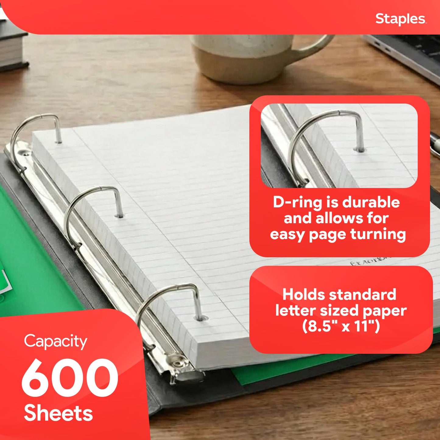 Staples Heavy-Duty 3-Inch D-Ring Binder, Green – Large Capacity 3-Ring Binder with Pockets, Holds Up to 600 Sheets
