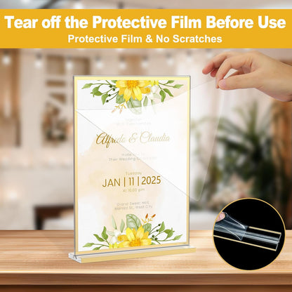 EHWINE 16 Pack Acrylic Sign Holder 8.5 x 11, Double-Sided Tabletop Gold Sign Holder, Clear Acrylic Picture Frame Menu Flyer Paper Holder Display Stand for Home Wedding Party (with Non-Slip Pads)
