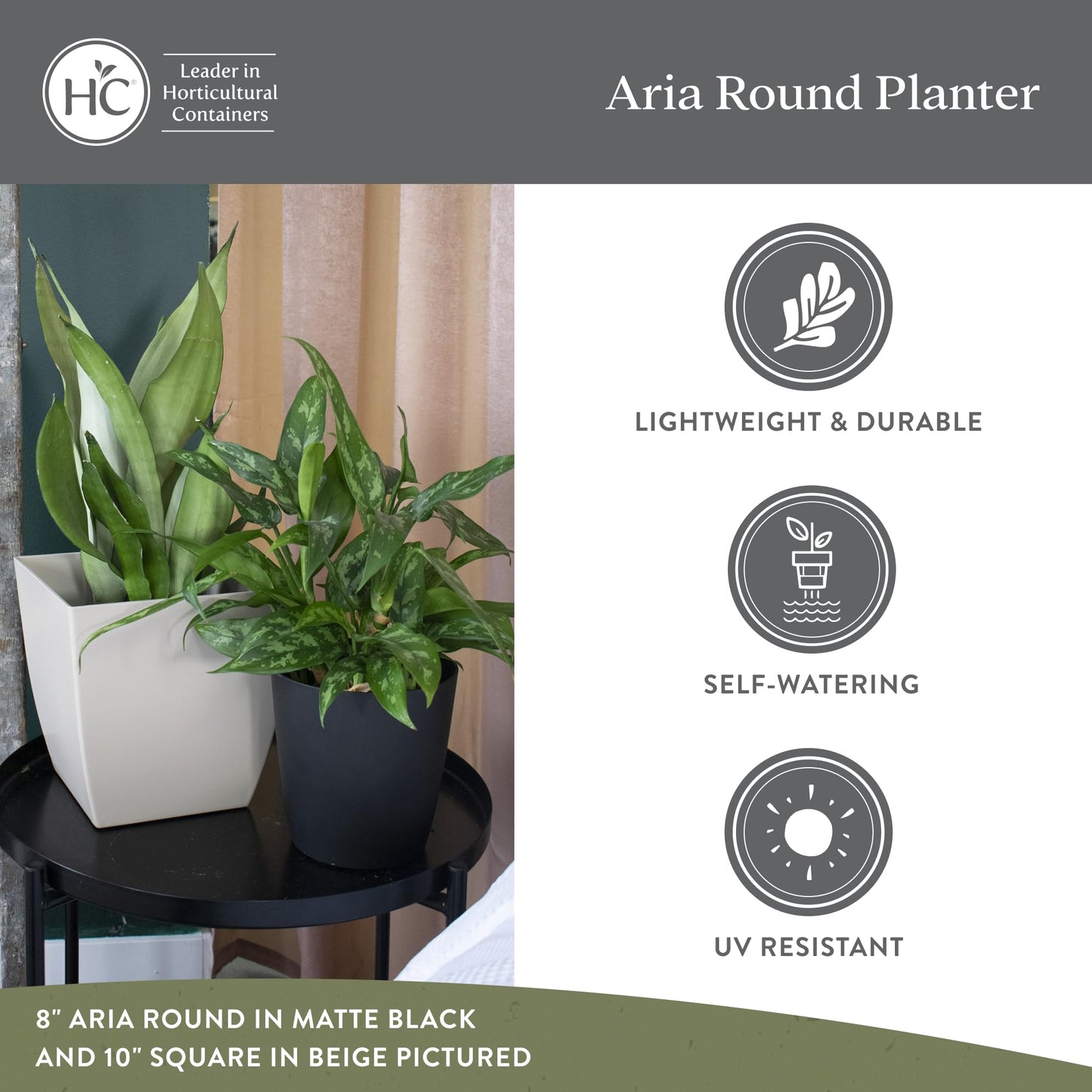 The HC Companies Aria Round Self-Watering Pot - Lightweight Plastic Planter for Herbs & More - Durable Plant Pots for Indoor Plants & Outdoor Plants (6" Glossy Avocado, Pack of 1)