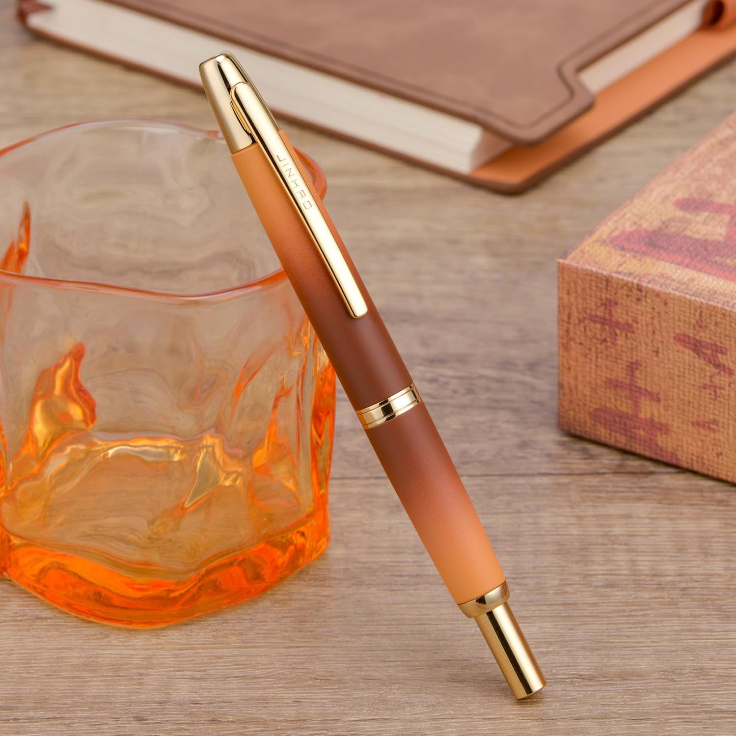 Jinhao 10 Press Fountain Pen with Box, Caramel Orange Gradient Retractable Extra Fine Nib with Ink Converter Set (Golden Clip)