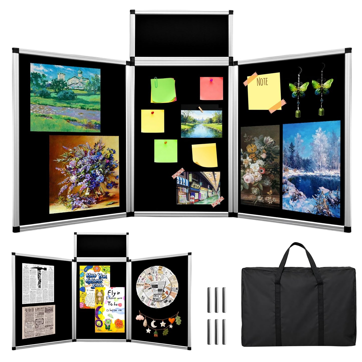 DRKSBesto 3+1 Panel Double-Sided Black Trifold Display Board with Storage Bag, 72 x 35.4 in Folding Tabletop Trifold Poster Board for School Projects, Vendor Events, Science Fairs
