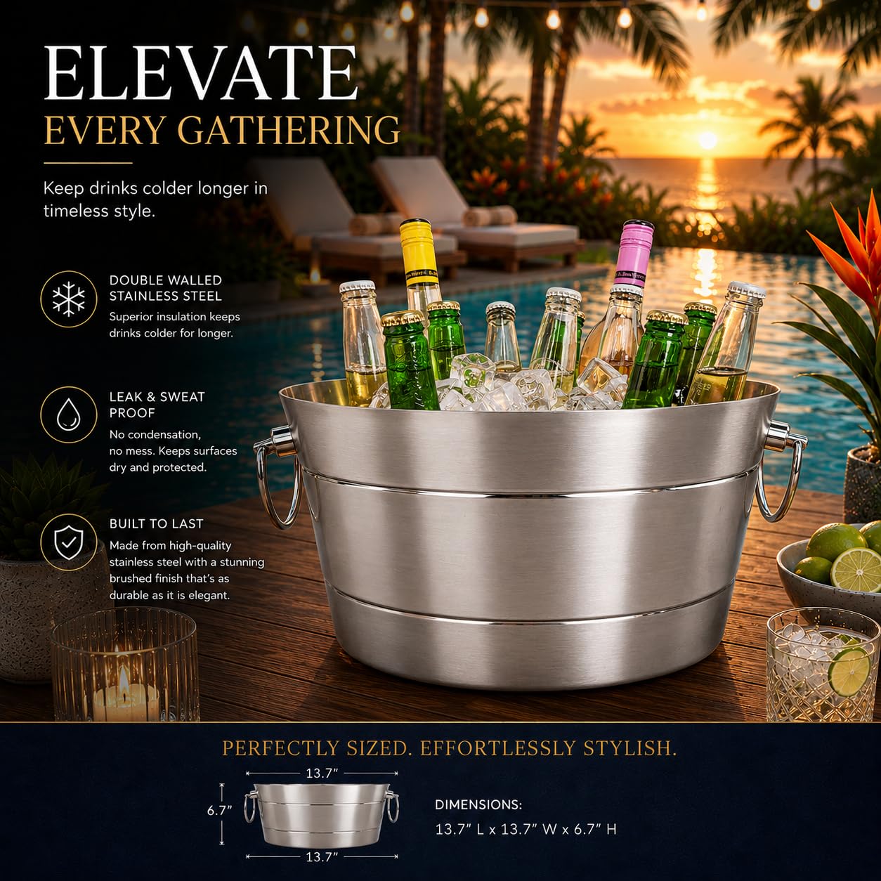 BREKX Stainless Steel Ice Bucket for Parties, Double Wall Insulated Anchored Brushed Drink Tub & Wine Bucket with Double Hinged Handles, Drink Chiller for Parties, 12QT (3 Gallon), 100% Leak Proof