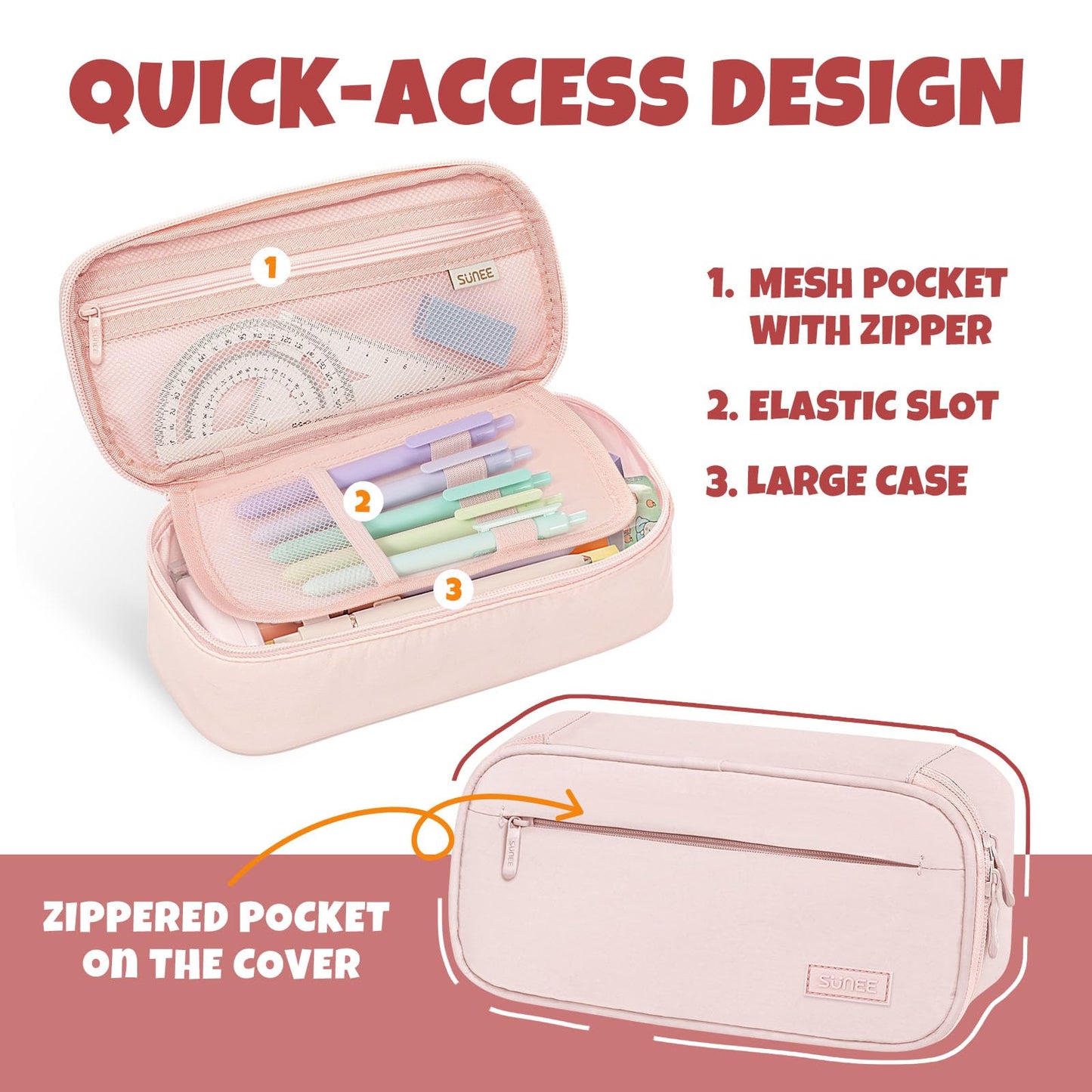 SUNEE Cute Pencil Case, Large Capacity Pencil Pouch, Big Storage Organizer for Stationery, Zipper Pen Bag,Back to School Supplies,Office Water-Repellent Nylon Pencil Bag for Teen Girls Boys,Light Pink
